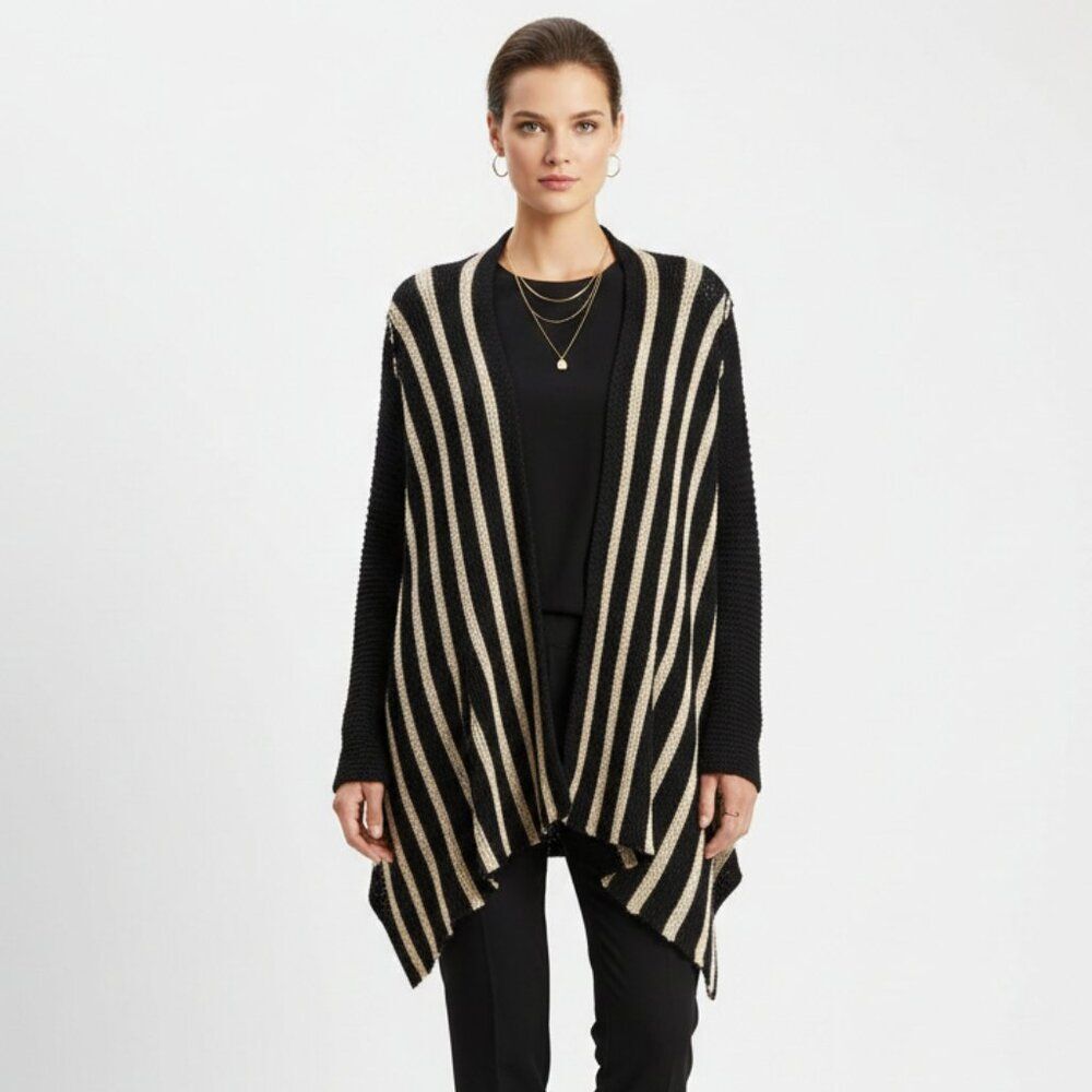 Free People Black & Tan Striped Knit Long Sleeve Snap Duster Cardigan Sweater S